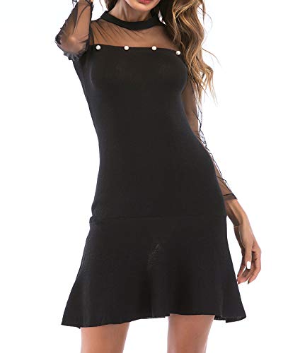 Women Mesh Long Sleeve Dress Tunic Fitted Casual Black Cocktail Swing Mini Jersey Junior Knit Dresses Sexy Night Party (Black, L)