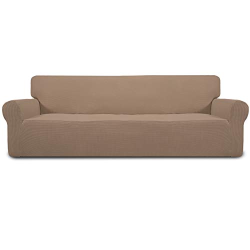 Easy-Going Stretch 4 Seater Sofa Slipcover 1-Piece Sofa Cover Furniture Protector Couch Soft with Elastic Bottom for Kids,Polyester Spandex Jacquard Fabric Small Checks (XX Large,Camel)