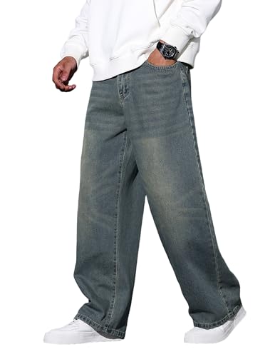 QGRSWBC Men's Baggy Jeans Y2K Vintage Wide Leg Denim Pants Retro Blue at Amazon