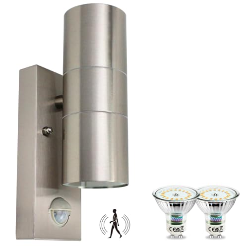 HiBay Außenlampe mit Bewegungsmelder GU10, Lampe mit Bewegungsmelder Aussen IP44 Edelstahl Aussenlampe Wand Up Down Außenwandleuchten inkl. 2x GU10 LE