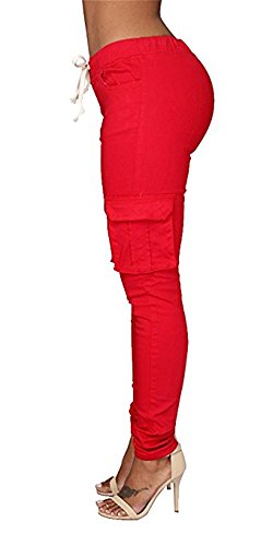 Coutgo Womens Casual stretch drawstring skinny pants cargo jogger pants (M, red)