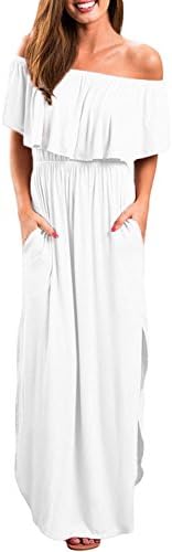 MIDOSOO Womens Side Slit Off Shoulder Ruffled Long Maxi Dress Pockets