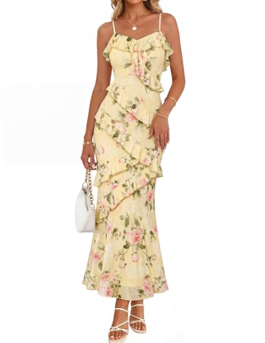 MEROKEETY Summer Floral Wedding Guest Maxi Dress Women 2026 Vacation Formal Bodycon Spaghetti Strap Cocktail Party Long Dress