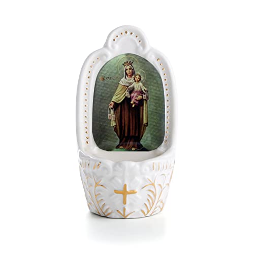 KOMI Porcelain Catholic Holy Water Font Our Lady of Mt. Carmel & Child Holy Water Font for Entrance of Home Church Wall Hanging Decor Religious Gift for First Communion, Confirmation