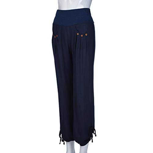 TIFENNY Fashion Harlan Trousers for Women Solid Buttons Cotton and Linen Casual Loose Trouser Wide Leg Pants Close The Foot Blue