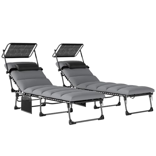 Outsunny Outdoor Chaise Lounge Chairs, 2 PCS Folding Lounge Chairs with Adjustable 5-Position, Cushion, Canopy, Side Pocket, Headrest, Sun Lounger for Patio, Beach, Light Grey