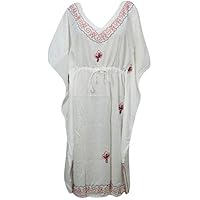 Mogul Interior Womens Kaftan Maxi Dress Cotton Gauze White Embroidered Boho Caftan L