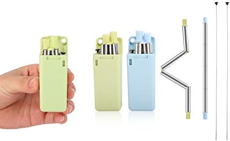 Foldable and Reusable Stainless Steel Metal Straws Collapsible(2 Pieces with Hard Protective Cover and Cleaning Brush) - Hanging on The Keychain for Easy Carrying (Blue and Green)
