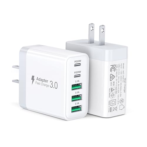 Cargador USB C, Paquete de 2, Bloque de Carga Rápida Tipo C de 5 Puertos, Adaptador de Enchufe de Pared PD&QC, Compatible con iPhone 17, 16, 15, 14, 13, 12 Pro Max, Pixel Note, Galaxy S25 S24, iPad
