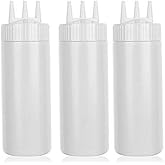 beyonday 3pcs Seasoning Squeeze Bottles, 3 Hole Ketchup Mustard Dressing Squeeze Squirt Bottles, Salad Sauce Condiment Cream Squeeze Bottles for Kitchen Restaurant Bakery(24oz, White)