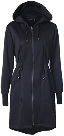 Doreen Womens Casual Long Zip Up Hoodies Tunic Hooded Sweatshirt Jacket Coat Outerwear with Pockets Black Size L