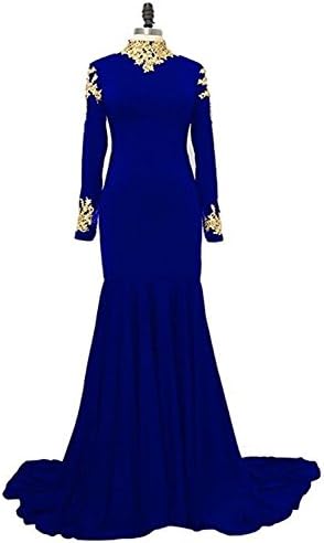 Allenqueen Women's High Neck Gold Appliques Mermaid Prom Dress Evening Gown with Long Sleeve Royal Blue US14
