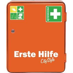 Söhngen Verbandsschrank HEIDELBERG orange (Stahlblech Schrak City Style; eintürig; klappbares Ablagetableau; ein Einlegeboden