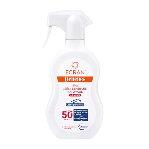 Denenes - Latte protettivo solare SPF 50+ per bambini in spray, protezione UVB, UVA e IR-A, impermeabile, con estratto di cotone e vitamina E, adatto per pelli sensibili e atopiche, 270 ml
