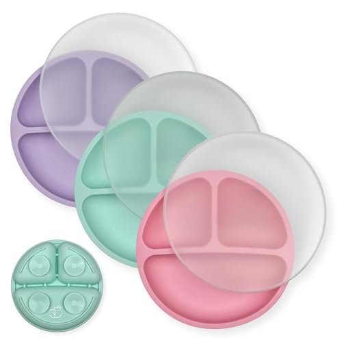 Hippypotamus Toddler Plates with Suction - 100% Food-Grade Silicone Baby Plates with Lids - Microwave & Dishwasher Safe - BPA Free - Set of 3 (Pink/Mint/Lavender with LIDS)