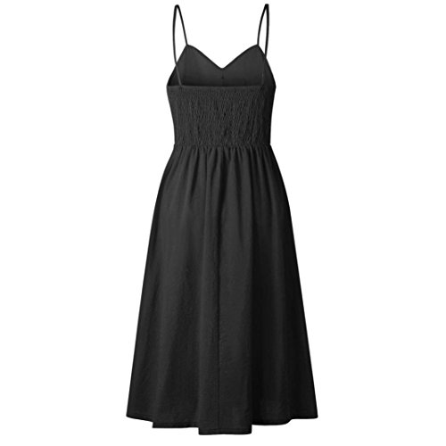 Elogoog Hot Sale Women's Summer Spaghetti Strap Solid Color Button Down Flowy Swing Sleeveless Party Midi Dress Sundress (Black, L)
