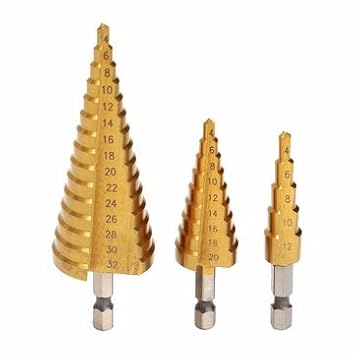 Generic 3Pcs 1/4 Inch Hex Shank Hss Titanium Coated Step Drill Bit Set 4-12/4-20/4-32Mm In Pouch