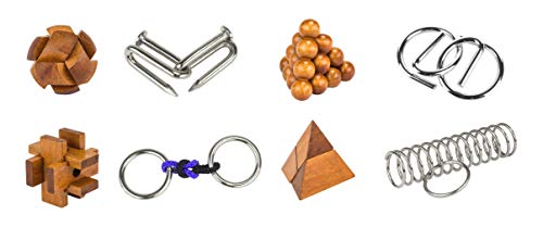 Great Brain Teaser Puzzle Set - 8 Piece - 4 X Wooden Brain Teaser Puzzle and 4 X Metal Entanglement Puzzles by Professor Puzzle