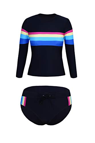 Blibea Women Two Piece Swimsuit Long Sleeve Sporty Rashguard Tops Shirt with Bottom Striped Bathing Suit Black Large