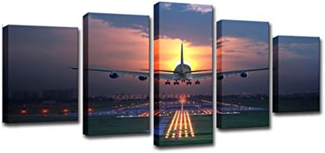 Mytinaart Modern Canvas Wall Art Pictures Home Decor Living Room 5 Pieces Sunset Lights Airplane Lawn Painting HD Print Aircraft Poster