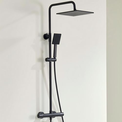 Auralum Duschsystem mit Verbrühschutz-Thermostat Armatur, Duscharmatur Komplettset Schwarz, 25x25cm Regendusche Duschkopf, Edelstahl Duschstange und S