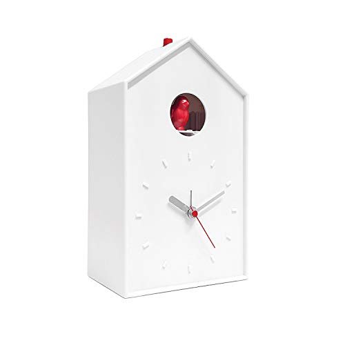 Balvi Cuckoo Clock - White Birdhouse with Red Bird, Minimalist Modern Design