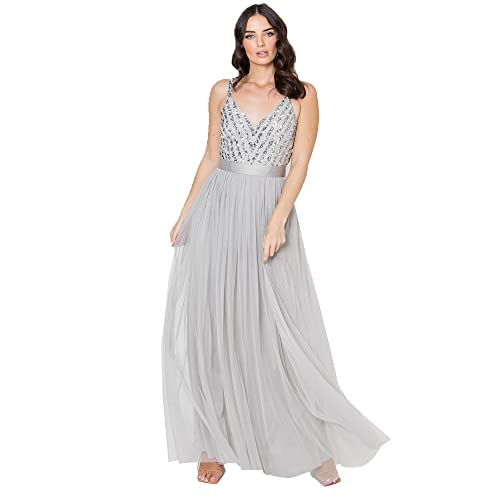 Maya Deluxe Maya Berry Embellished Halter Neck Maxi Dress Robe de Demoiselle d'honneur, gris clair, 50