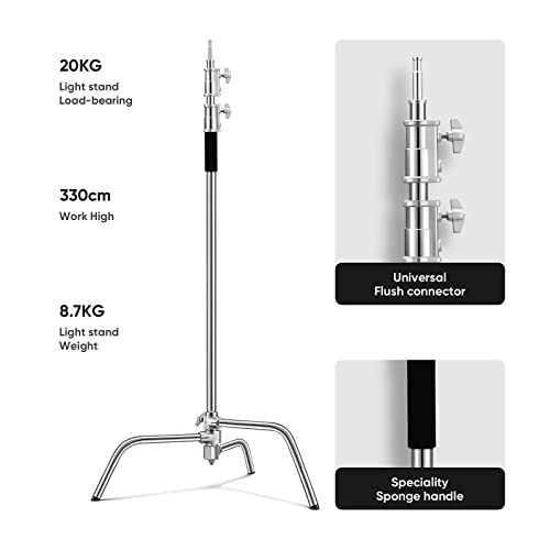 Heavy Duty C Stand 10.8ft/330cm with Holding Arm Carry Bag Sandbag 3*Clip 2*Grip Head Stainless Steel Photography Light Stand C-Stand Sturdy for Photography Studio Video Monolight Softbox Shooting