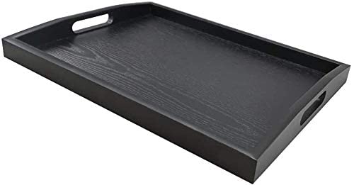 Rectangular Wooden Serving Tray with Large Black Wood Handle (Medium)
