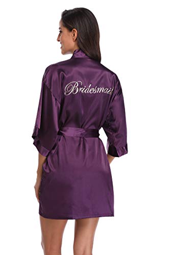 Women's Silky Bride Bridesmaid Kimono Robes Short Wedding Party Getting Ready Robe Dressing Gown with Gold Glitter, Bridesmaid DeepPurple L - Thumbnail 6