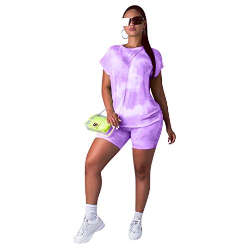 Women 2 Piece Outfits Shorts Set - Casual Tie Dye Pullover Shirts Tops + Biker Short Jumpsuit Sets Light Purple L