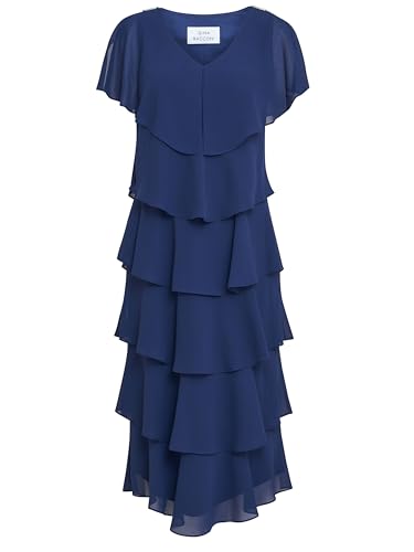 Gina Bacconi Midi Tiered Dress with Shoulder Trim, Navy, 8