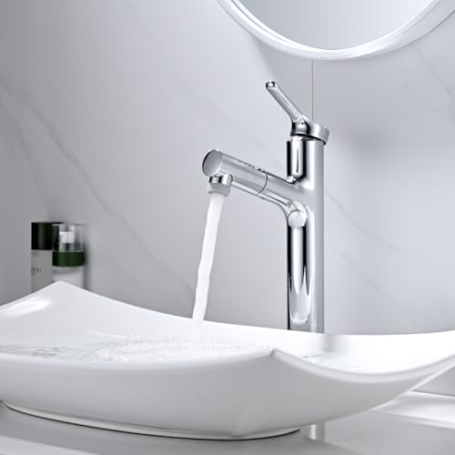 Tall Bathroom Faucet with 2 Modes Pull-Out Shower, DETBOM Basin Mixer, Single Lever Taps, Suitable for Countertop Washbasin, Removable Aerator, Hot/Cold Water, Lead-free, Chrome