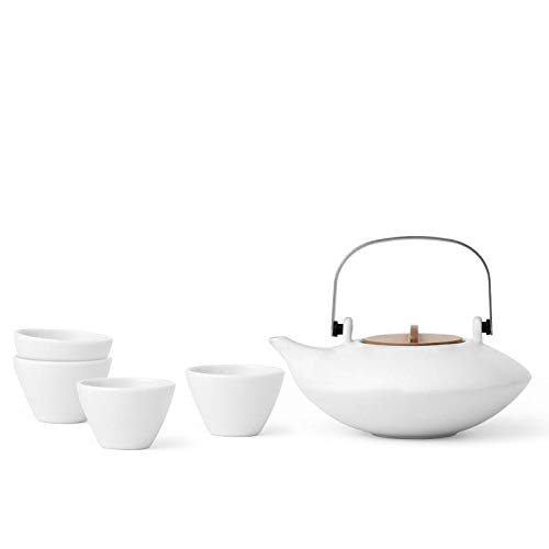 Teeservice Set Porzellan 5-teilig: weiÃ, inklusive 1x Tee-Kanne & 4 Teetassen, tropffrei, modernes Design