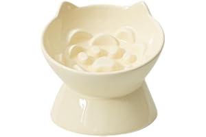 LE SERVETA Macarons Series Ceramic Slow Feeder Cat Bowl, Raised Puzzle Feeder, Anti-Vomiting, Elevated Food Bowl, Whisker Friendly With Cute Ear Design (Yellow)