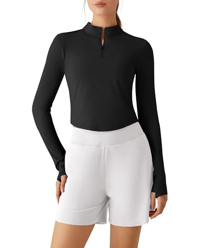 G4Free Quick Dry Long Sleeve Workout Tops for Women UPF 50+ Sun Shirts Thumbholes for Running Golf Casual Crop Tees(Black,L) at Amazon