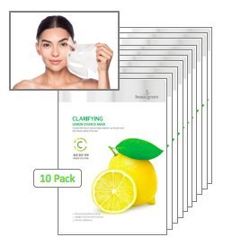 BeauuGreenPremium Beauty SheetEssenceMask Clarifying Lemon Pack-10 Age Defying Organic Herbal Essence Ingredient Korean Formulas -K-Beauty Skin Care Peel OffFacial Mask Bundle -10 Masks Included