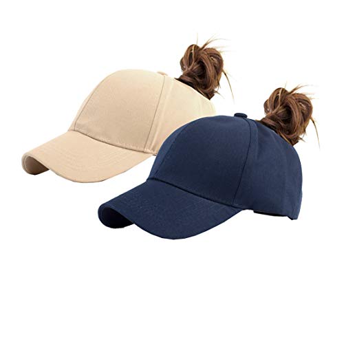 Cotton Ponytail Hats Pony Tail Caps Baseball for Women (Navy+Khaki)