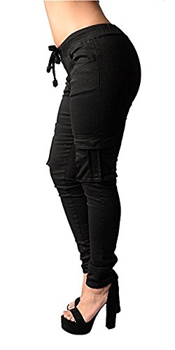 Coutgo Womens Casual Stretch Drawstring Skinny Pants Cargo Jogger Pants (XXXL, Black) - Thumbnail 3