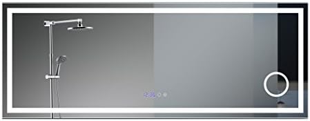GlassTek Inc. LED Vanity Mirror 63 X 23 1/2" (1600x600mm) With Surface Touch Switch, Blue Digital Clock and Magnifying Mirror