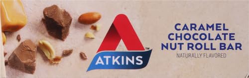 ATKINS CARAMEL CHOCOLATE NUT ROLL SNACK BAR, PROTEIN SNACK, HIGH IN FIBER, 2G SUGAR, 8 COUNT