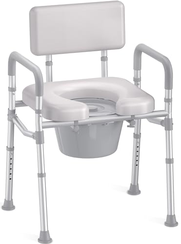 HOMLAND Bedside Commode with Padded Seat and Backrest, Aluminum Commode Toilet with Bucket, Easy Cleaning Portable Toilet for Adults and Seniors, 350 lb Capacity Enhanced Crossbar