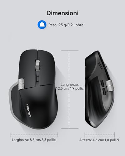 TECKNET High Performance Bluetooth Wireless Mouse (BT5.3/5.0+2.4G), Horizontal Scroll Wheel, Silent Design, 4800 DPI Ergonomic Rechargeable Mouse for PC/Tablet/MacOS/Windows, Black