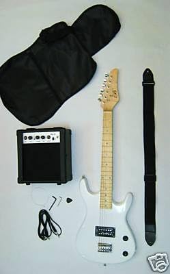 WHITE Junior Kids Mini 3/4 Electric Guitar Amp Starter Pack, Guitar, Temolo, Amplifier, Gig Bag, Strap, Cable, &amp; DirectlyCheap(TM) Translucent Blue Medium Guitar Pick