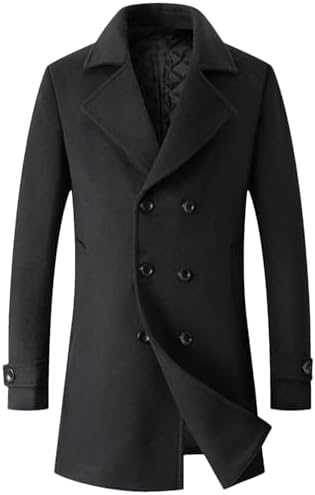 PAZRSASX Black wool blend men's coat, double breasted, long