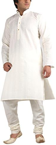 Kurta Men's Traditional Pure Cotton Beige Chikan Embroidered Kurta & Churidar Set by Royal