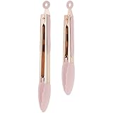 COOK with COLOR Stylish Stainless Steel Rose Gold and Pink Kitchen Food Tongs Set of Two 9” and 12” with Silicone Tips and Handles for Non Stick Cookware