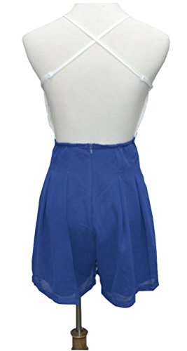 DZT1968 Sexy Crossed Backless Straps Lace Embroidery Romper Playsuit Jumpsuit (Medium, Blue)