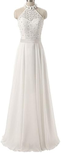 Neweer A-Line Scoop Neck Floor-Length Chiffon Lace Wedding Dress Beach Wedding Gown Ivory US2