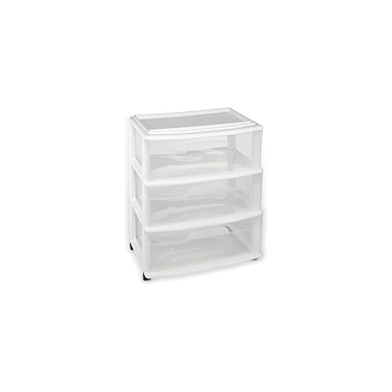 Homz Plastic 3 Drawer Wide Cart White Frame Clear Drawers 4